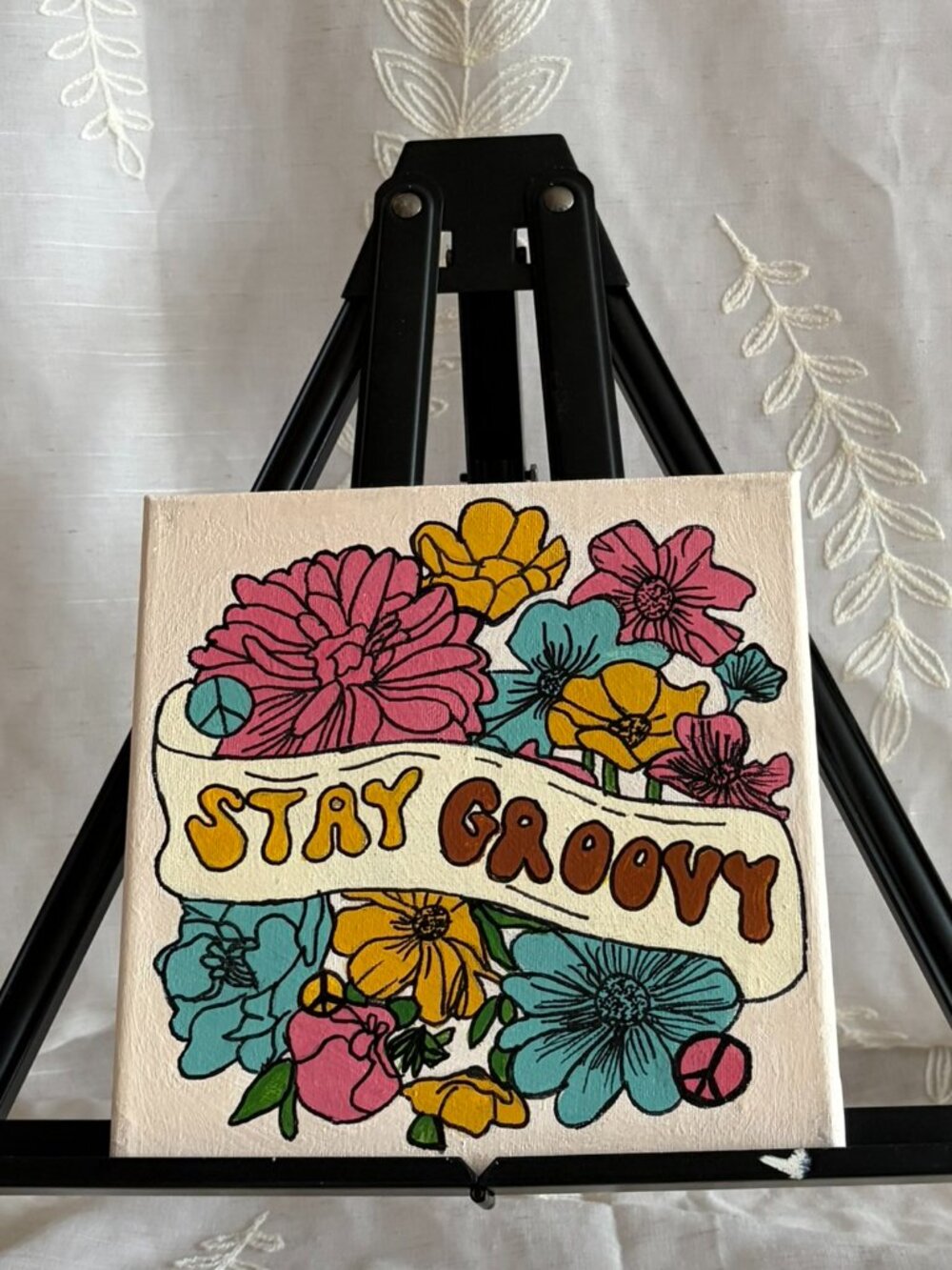 Hand Painted Stay Groovy Retro Floral Canvas 8x8